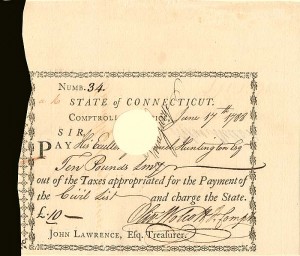 Issued to Samuel Huntington and signed by Oliver Wolcott Jr.  State of Connecticut Pay Order